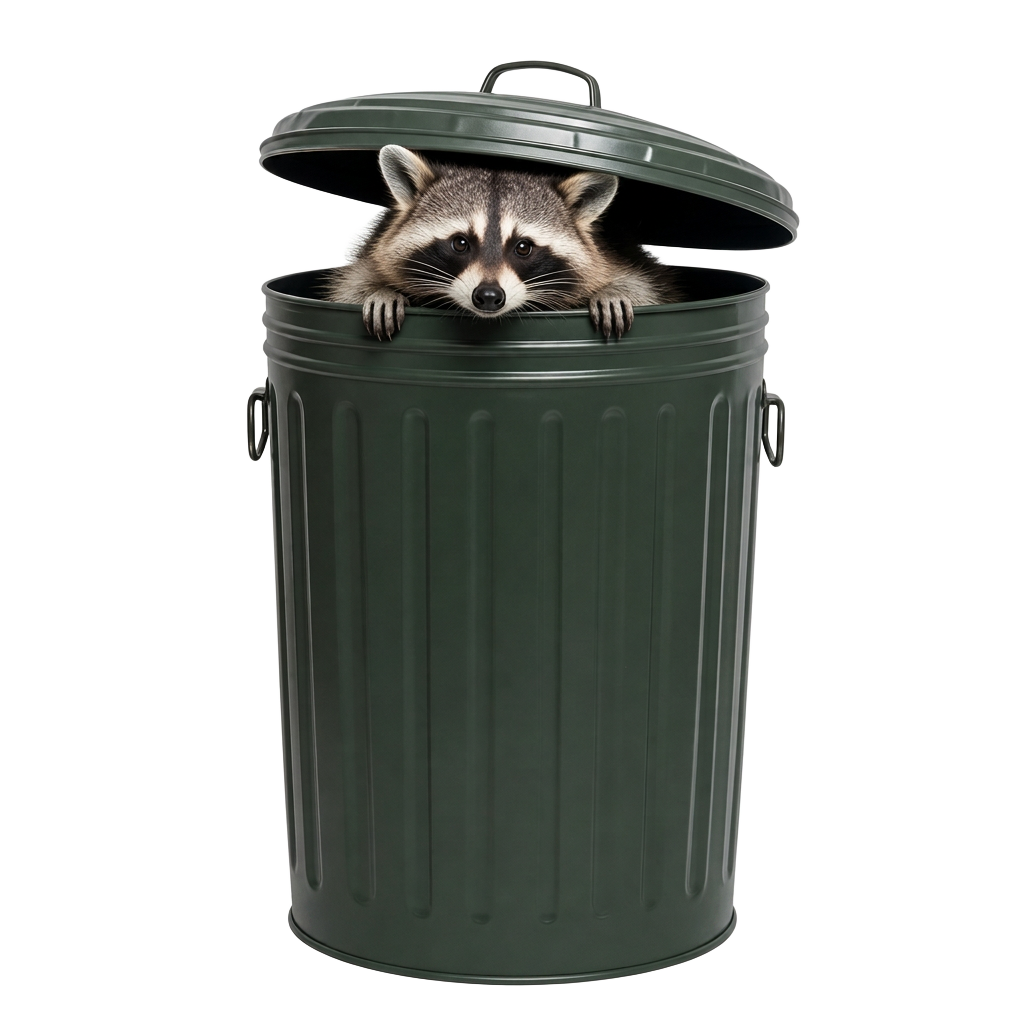 Raccoon peeking out of a garbage can